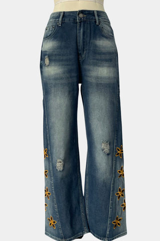 Floral Detail Wide Leg Jeans