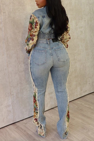 Printed Cropped Jacket and Distressed Pants Set