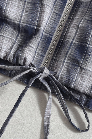 Zip-Up Plaid Shacket with Drawstring Waist