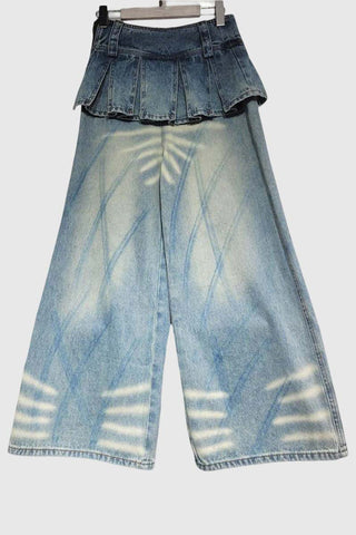 Pleated Waist Wide Leg Denim Pants