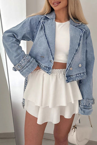 Belted Denim Blazer with Frayed Cuffs
