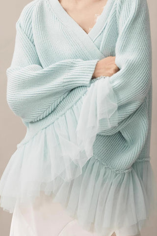 V-Neck Cardigan with Tulle Accents