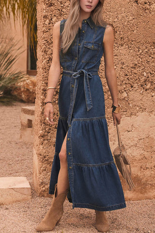 Sleeveless Button-Down Denim Maxi Dress