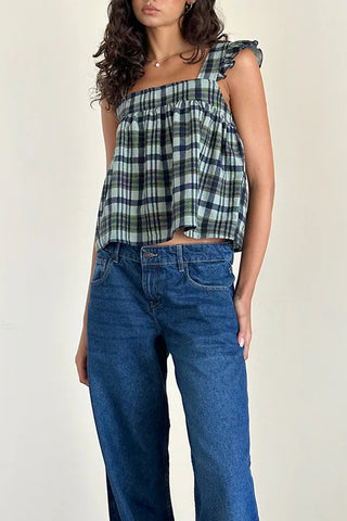 Ruffled Strap Plaid Tank Top