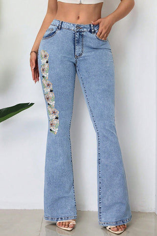 Floral Detail Flare Jeans