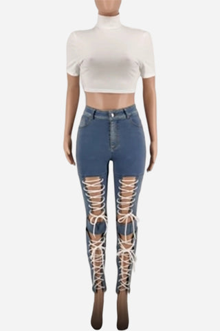 Lace-Up Cutout Straight Jeans