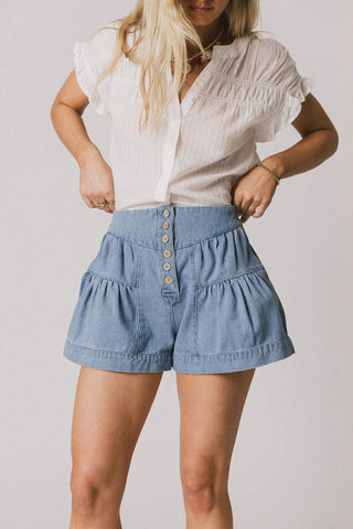 Button-Front Tiered Denim Shorts