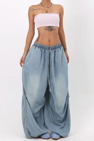 Elastic-Waist Wide Leg Denim Pants