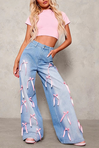 Playful Ribbon-Accent Wide-Leg Jeans