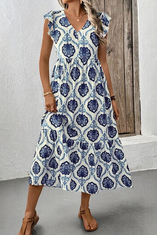 Floral-Print Ruffle Sleeve Casual Dress