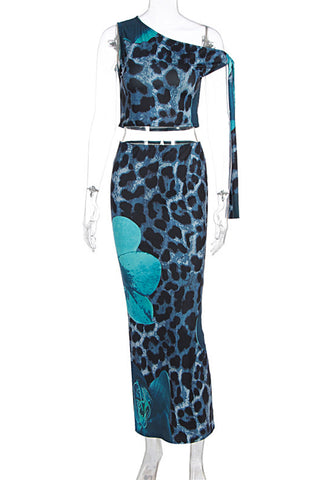 One-Shoulder Leopard Print Skirt Set