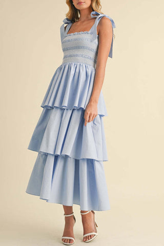 Tiered Dress with Bow Tie Straps