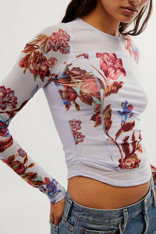 Floral Long-Sleeve Mesh Blouse