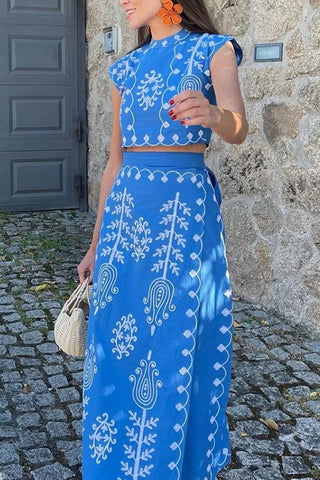 Patterned Skirt Set with Tie Detail