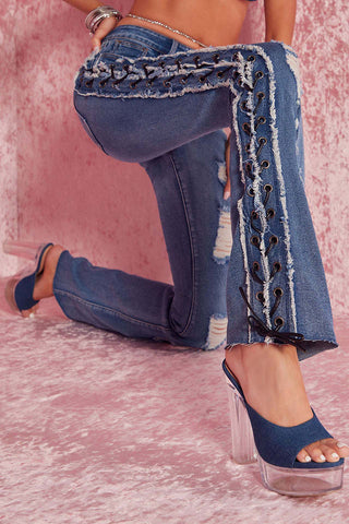 Distressed Lace-Up Straight Jeans