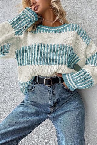 Two-Tone Striped Patchwork Drop Shoulder Sweater