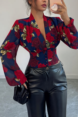 Floral Button-Up Blouse with Patterned Design