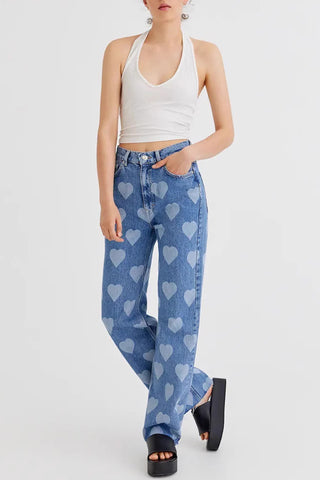 Heart-Print Straight Denim Jeans