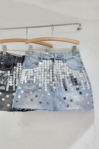 Sequin Embellished Denim Skirt