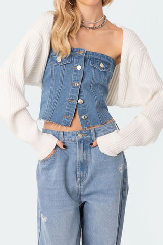 Button-Front Denim Bustier Top