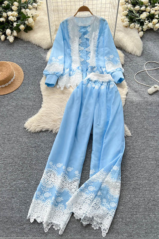 Lace Button-Up Pants Set