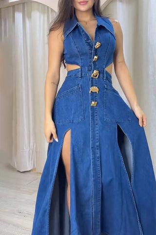 Cutout Belted Denim Maxi Dress