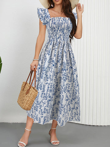 Floral Print Ruffle Sleeve Midi Dress
