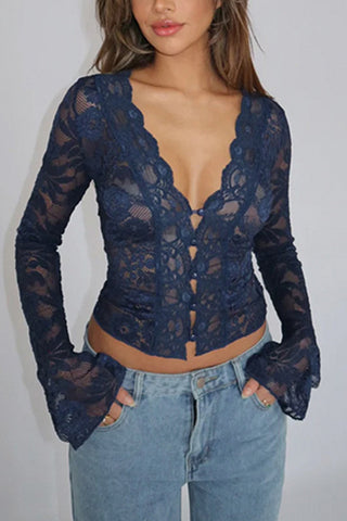 Lace-Detail Sheer Blouse with Long Sleeves