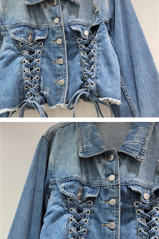 Distressed Lace-Up Denim Jacket