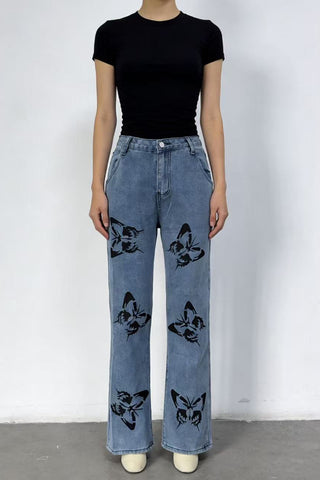 Butterfly Print Straight-Leg Jeans