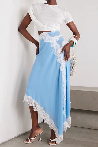 Lace-Trim Asymmetrical Patchwork Dress