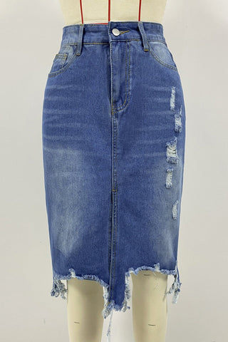 Distressed Denim Midi Skirt
