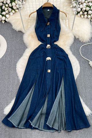 Button-Front Denim Maxi Dress