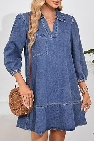 V-Neck Denim Dress with Soft Ruffle Hem