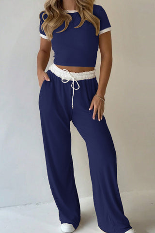 Ribbed Contrast Trim Pants Set