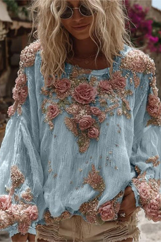 Floral Embellished Balloon Sleeve Blouse