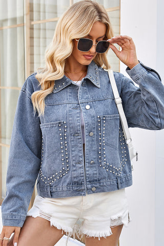Studded Button-Front Denim Jacket