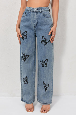 Butterfly Print Straight-Leg Jeans