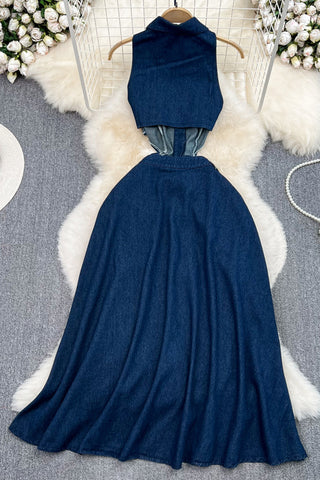 Button-Front Denim Maxi Dress