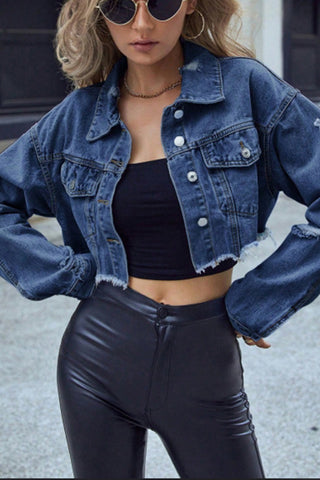 Cropped Button-Front Denim Jacket