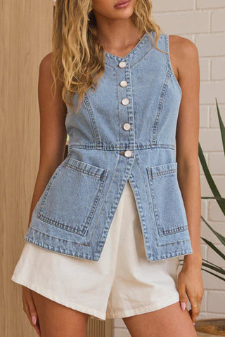 Sleeveless Button-Front Denim Top