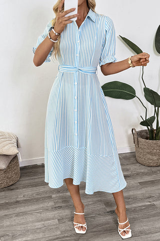 Striped Puff-Sleeve Midi Dress