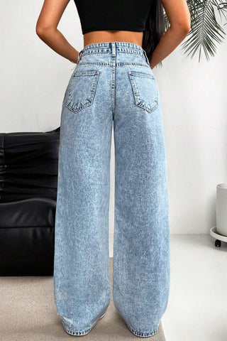 Distressed Wide-Leg Straight Jeans