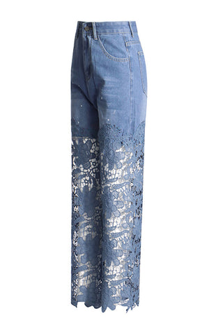 Lace-Detail Wide-Leg Denim Jeans