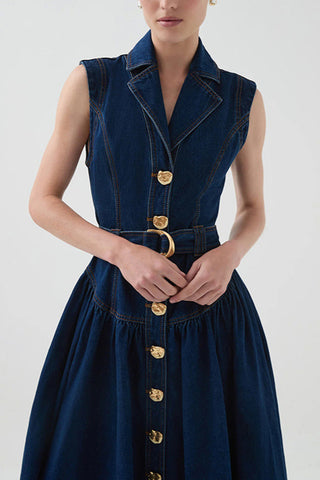 Button-Front Denim Midi Dress