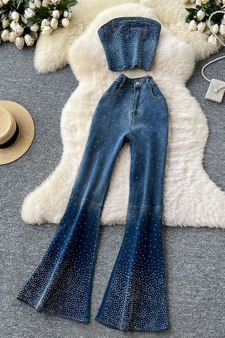 Strapless Denim Flared Pants Set
