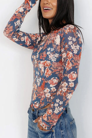 Floral Mesh Fitted Long Sleeve Top