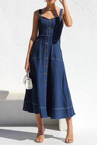 Button-Front Denim Midi Dress