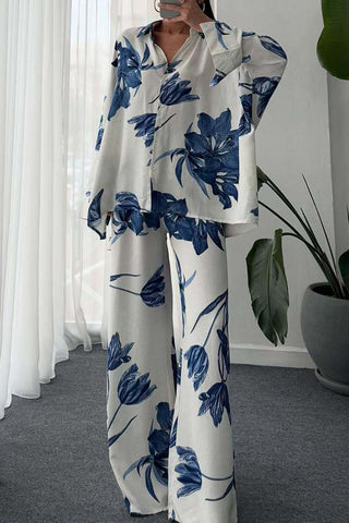 Buttoned Floral Print Pants Set