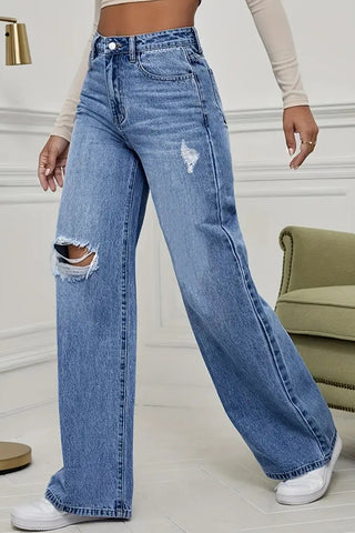 High-Waisted Ripped Straight Jeans